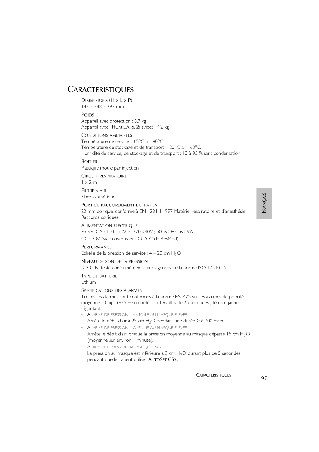 ResMed AutoSet CS 2 user manual Caracteristiques 