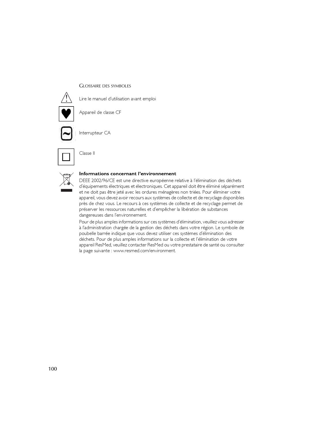 ResMed AutoSet CS 2 user manual Informations concernant l’environnement 