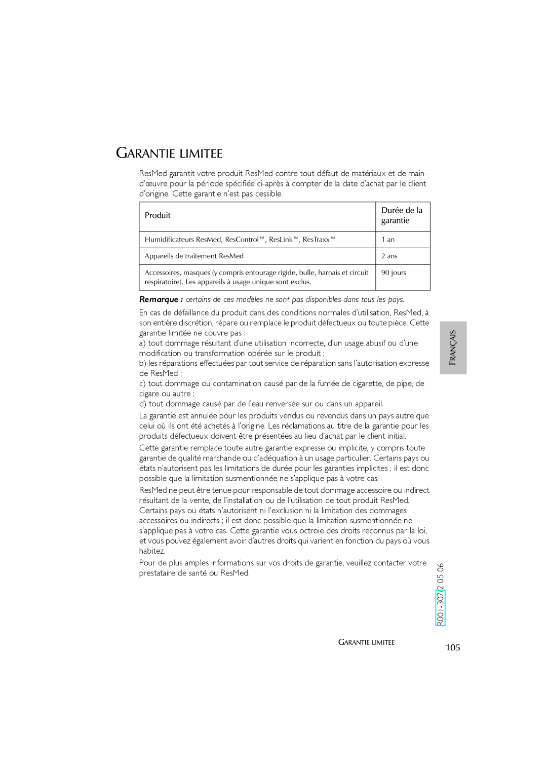 ResMed AutoSet CS 2 user manual Garantie Limitee, Produit Durée de la Garantie 