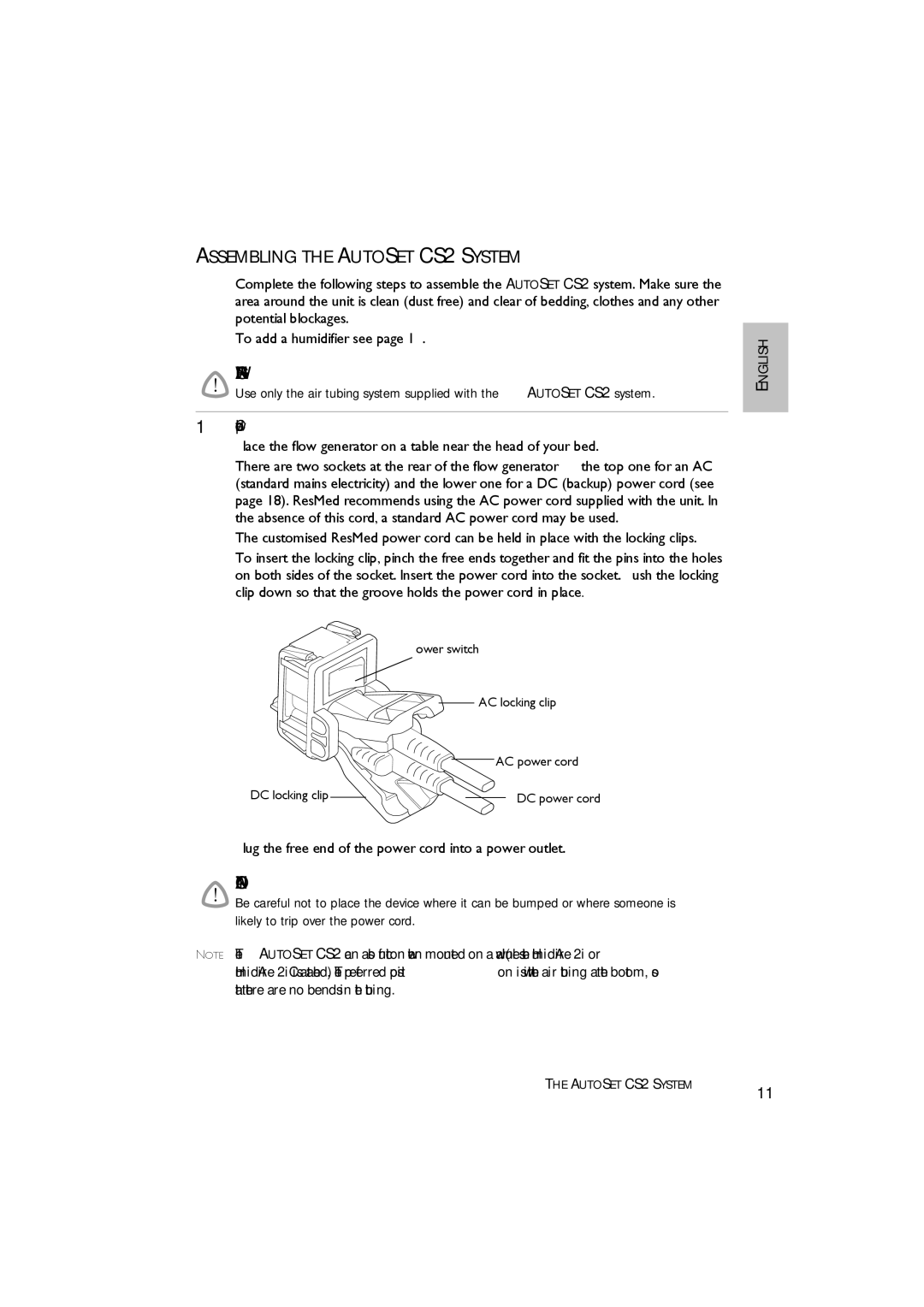 ResMed AutoSet CS 2 user manual Assembling the Autoset CS2 System, Connect the power cord 