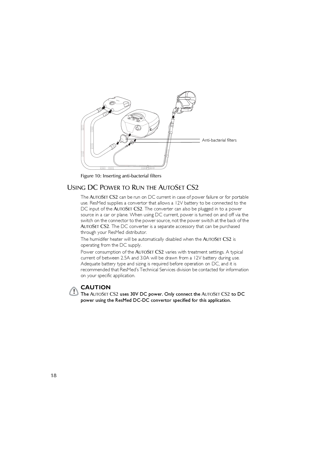 ResMed AutoSet CS 2 user manual Using DC Power to RUN the Autoset CS2, Inserting anti-bacterial filters 