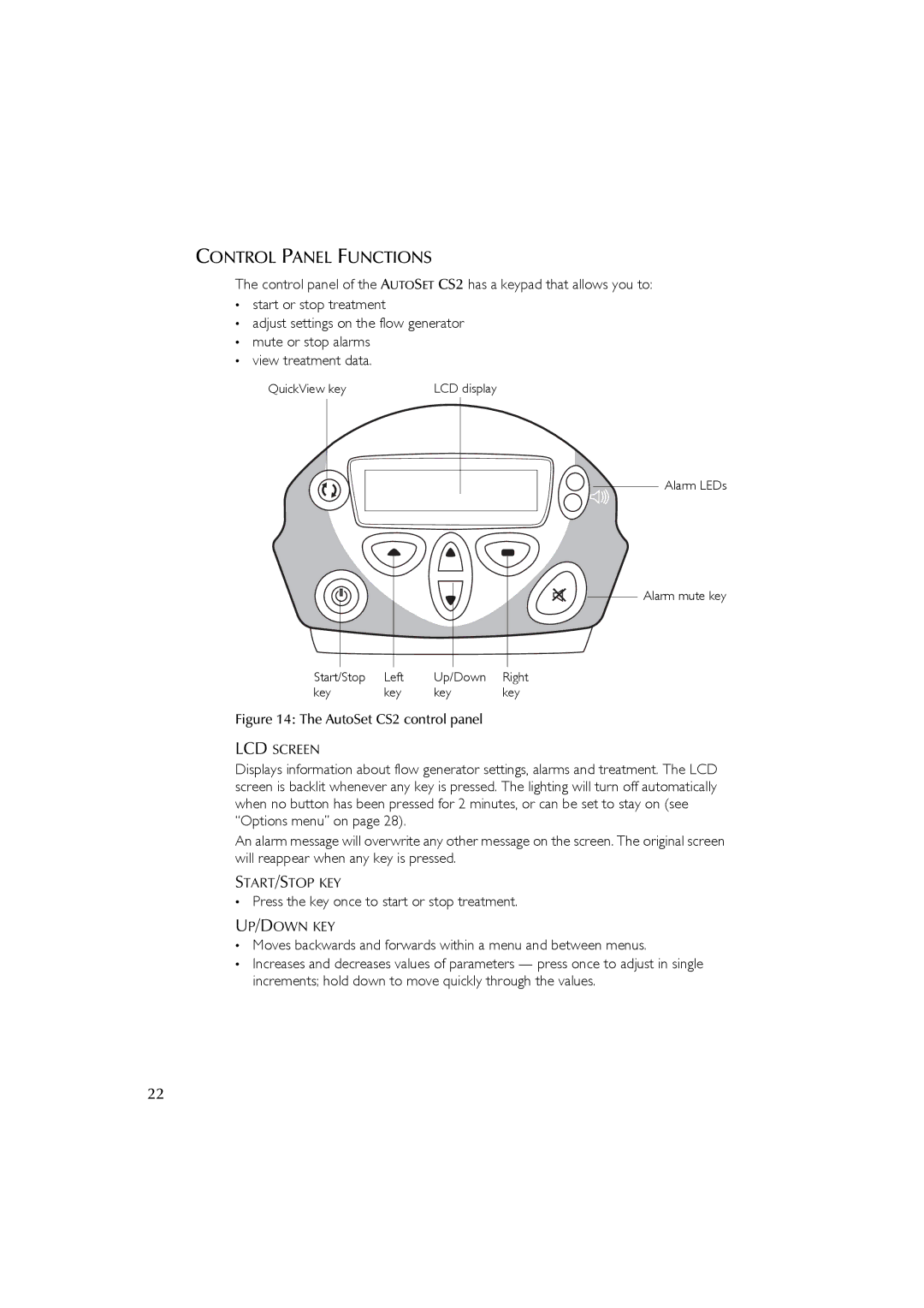 ResMed AutoSet CS 2 user manual Control Panel Functions, LCD Screen, Start/Stop Key, Up/Down Key 