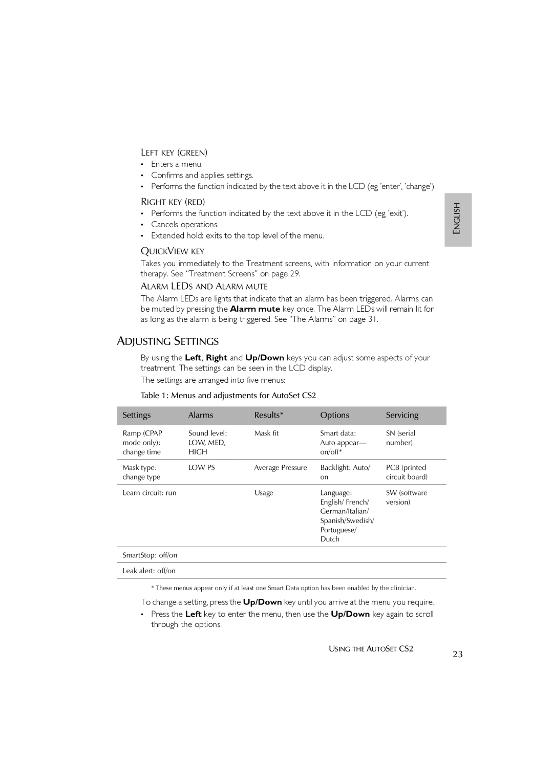 ResMed AutoSet CS 2 user manual Adjusting Settings, Left KEY Green, Right KEY RED, Quickview KEY, Alarm Leds and Alarm Mute 