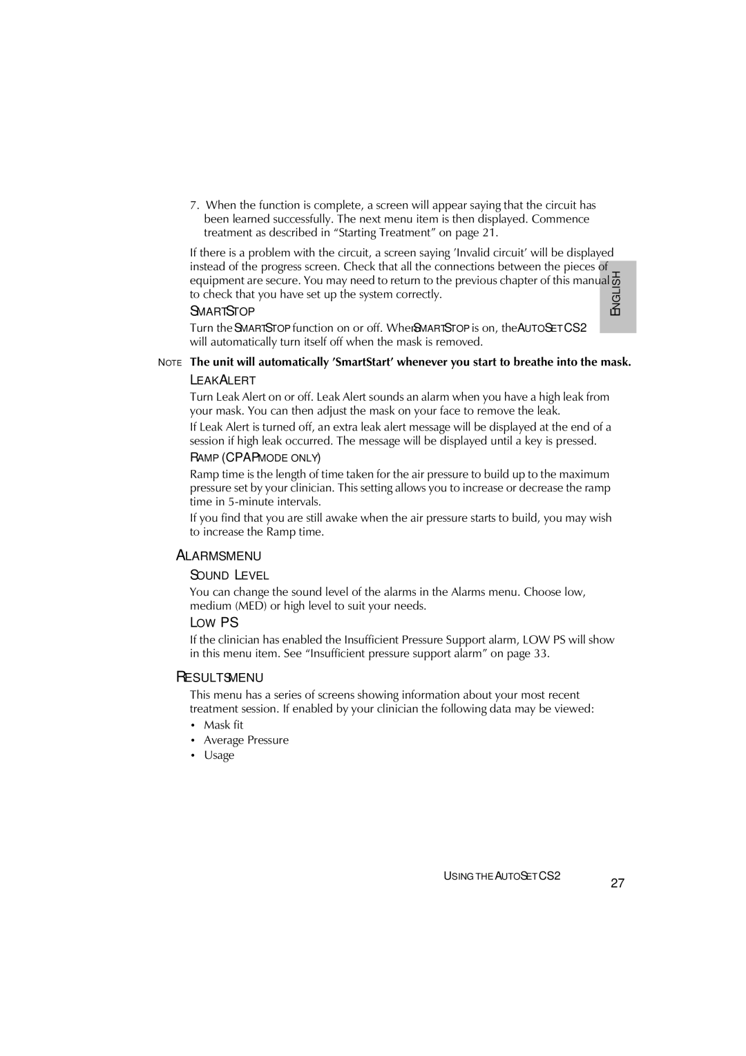 ResMed AutoSet CS 2 user manual Smartstop, Leak Alert, Sound Level 