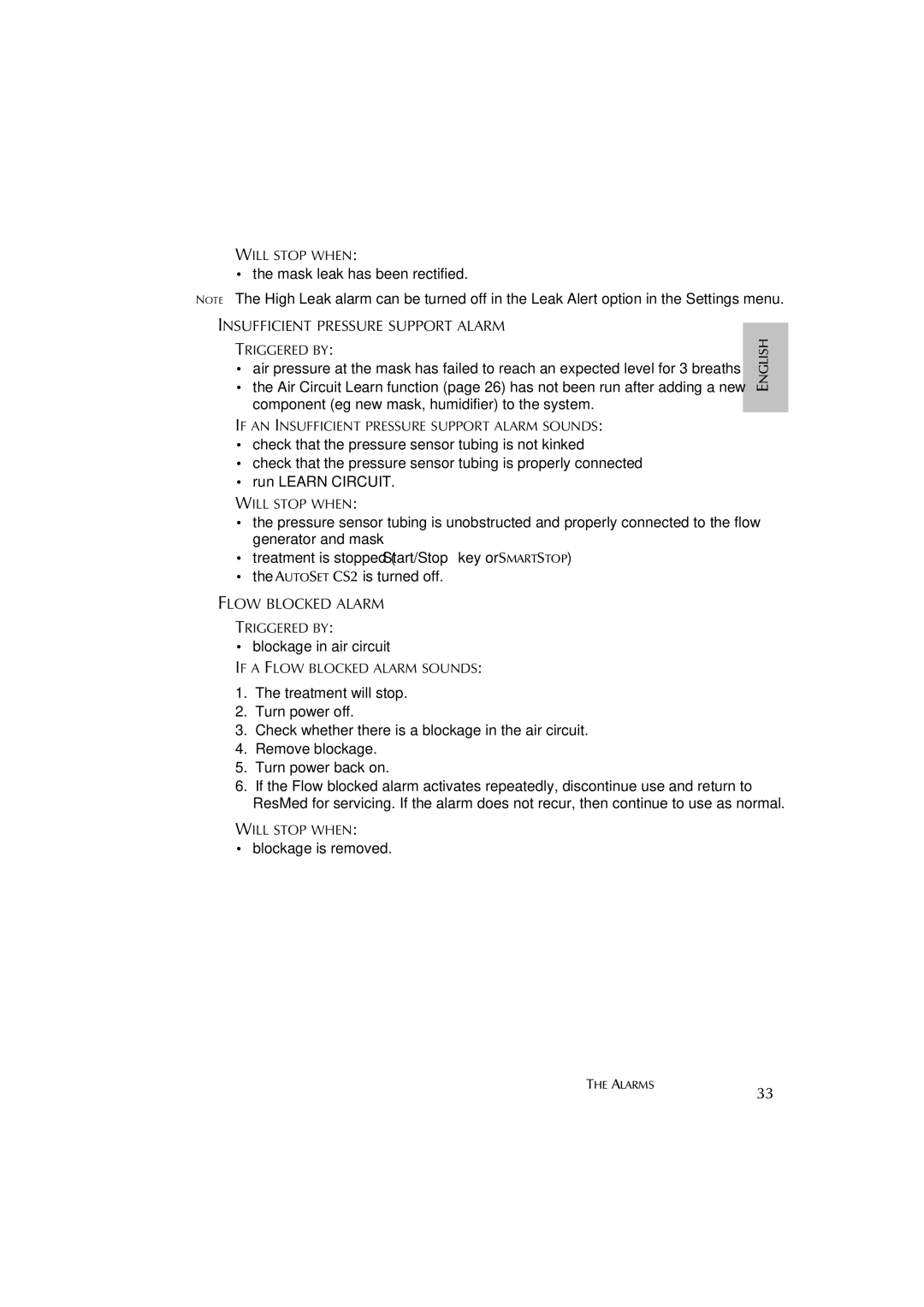 ResMed AutoSet CS 2 user manual If AN Insufficient Pressure Support Alarm Sounds, If a Flow Blocked Alarm Sounds 