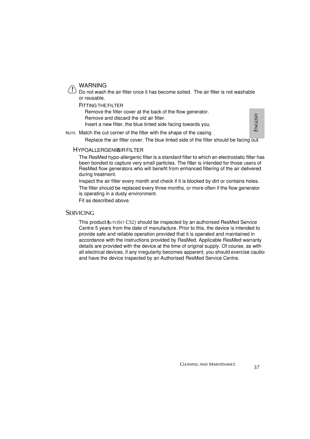 ResMed AutoSet CS 2 user manual Servicing, Fitting the Filter 