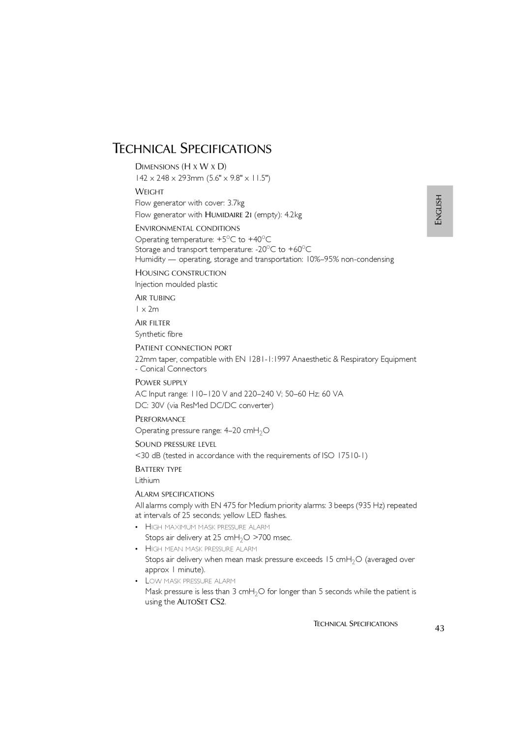 ResMed AutoSet CS 2 user manual Technical Specifications 