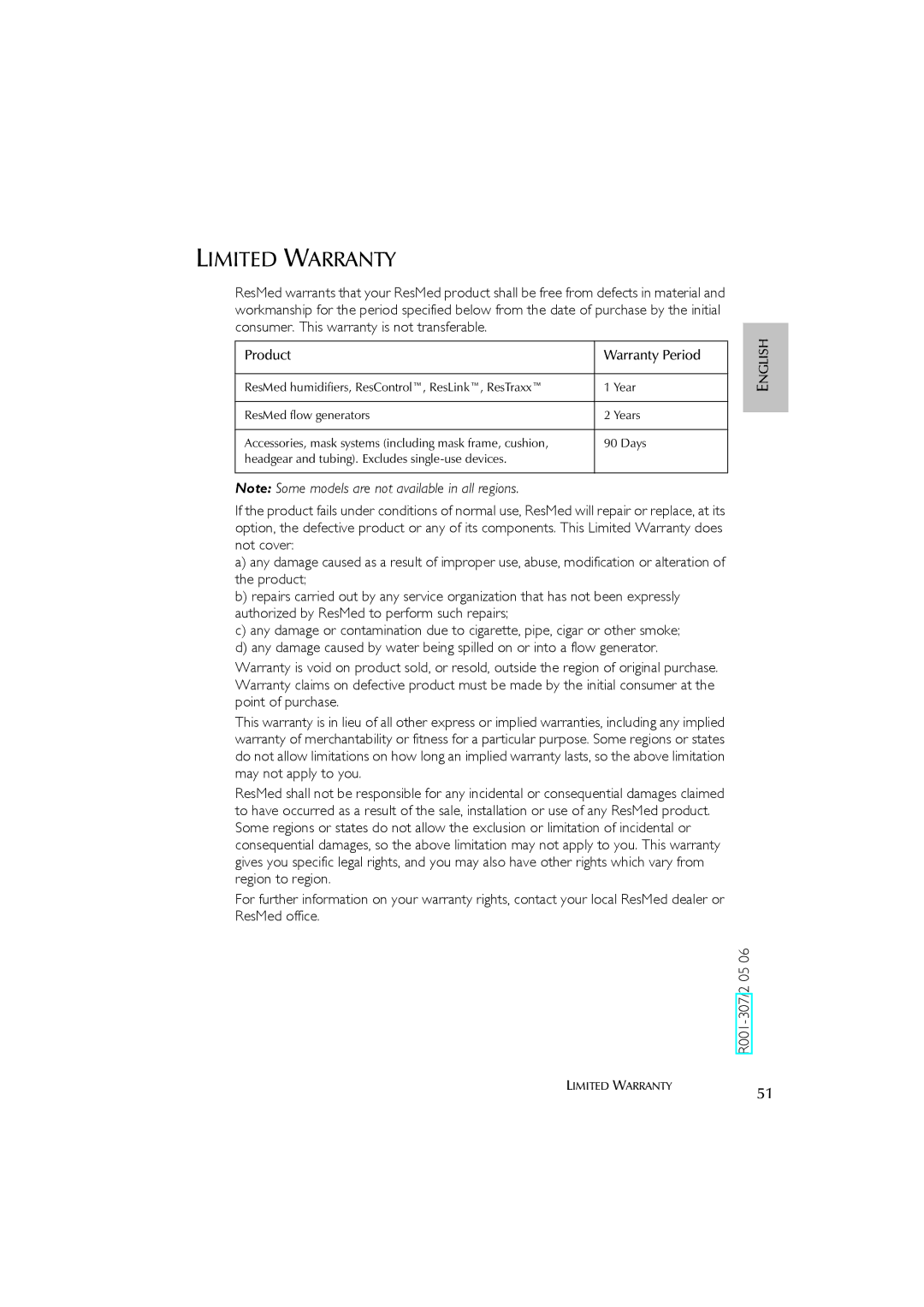 ResMed AutoSet CS 2 user manual Limited Warranty, Product Warranty Period 