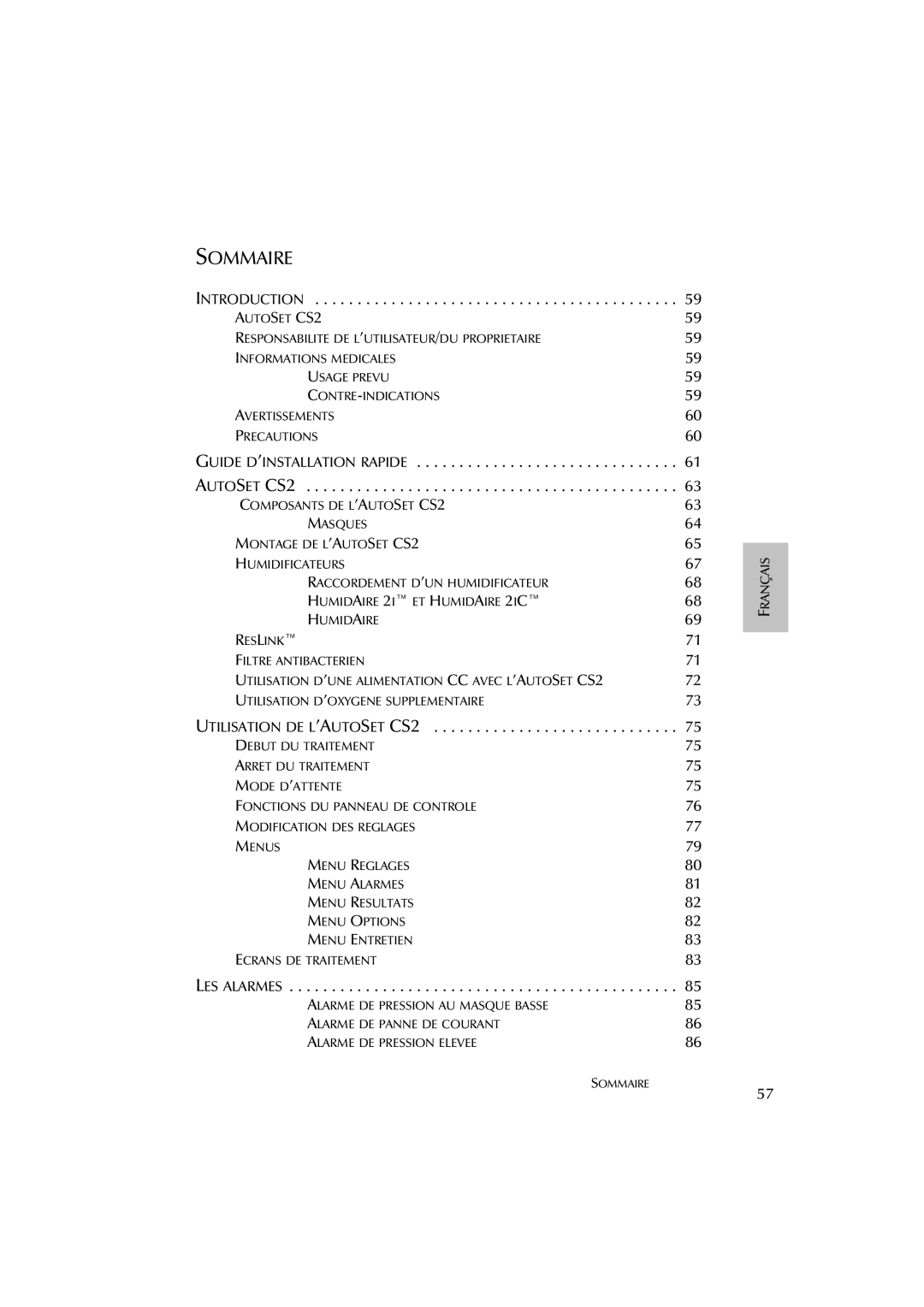 ResMed AutoSet CS 2 user manual Sommaire 