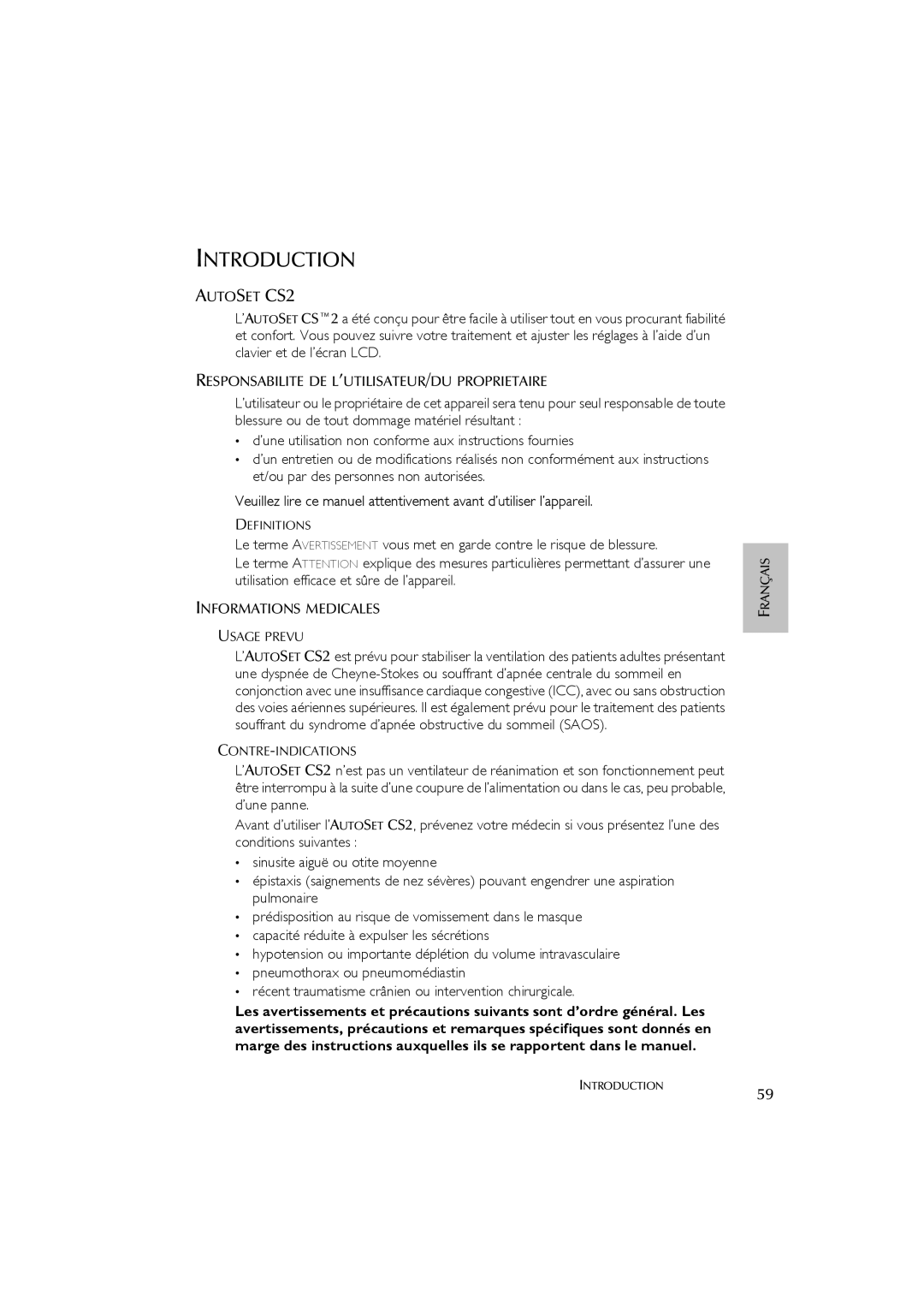 ResMed AutoSet CS 2 user manual Responsabilite DE L’UTILISATEUR/DU Proprietaire, Informations Medicales 