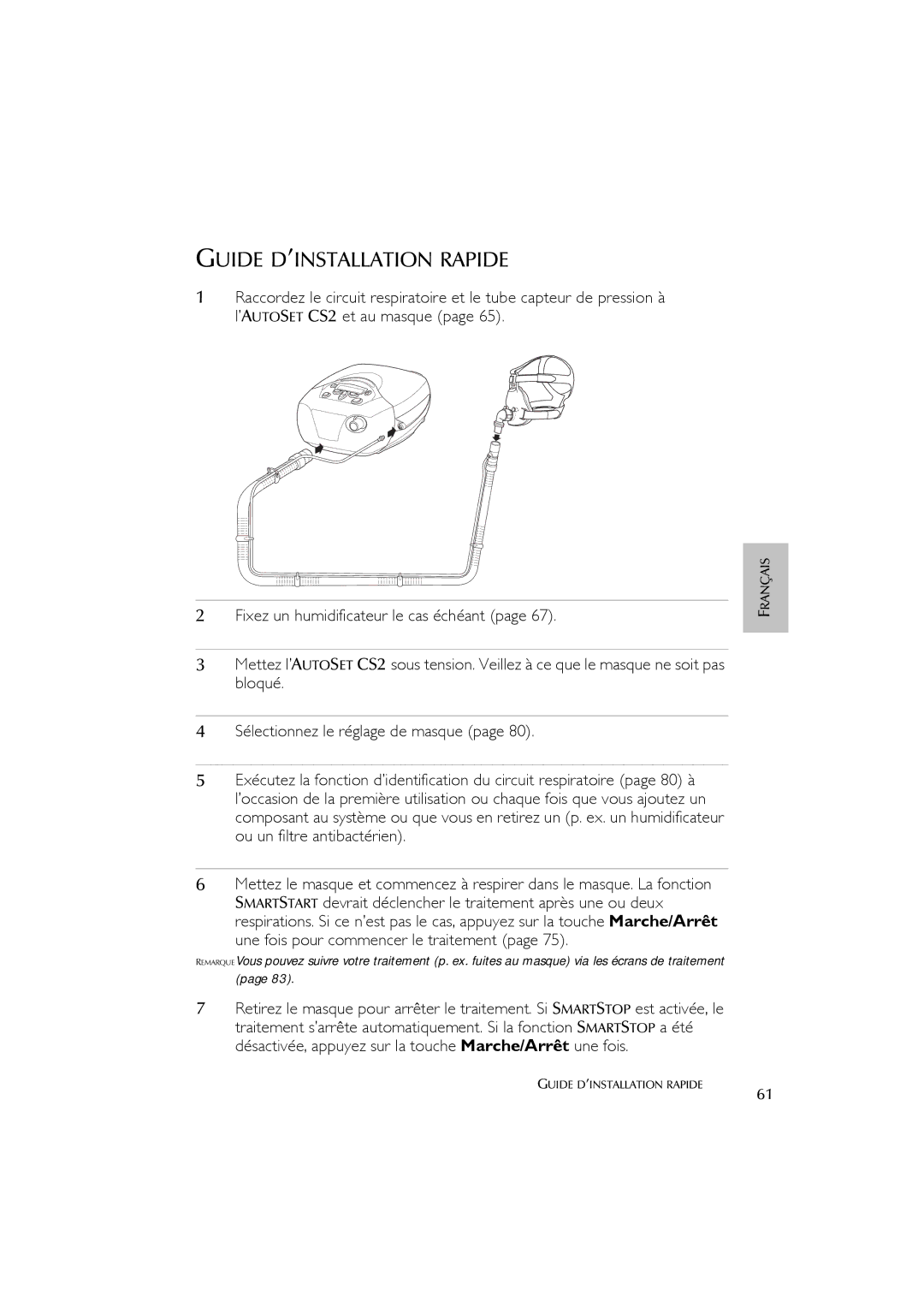 ResMed AutoSet CS 2 user manual Guide D’INSTALLATION Rapide 