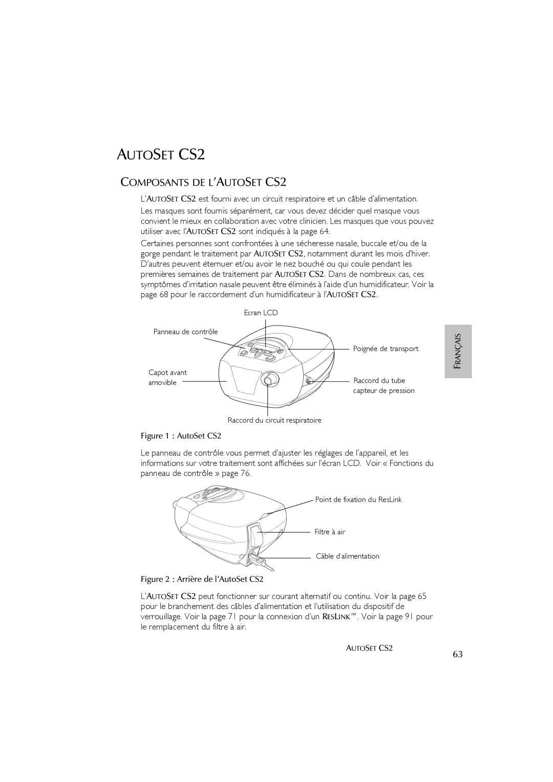 ResMed AutoSet CS 2 user manual Autoset CS2, Composants DE L’AUTOSET CS2 