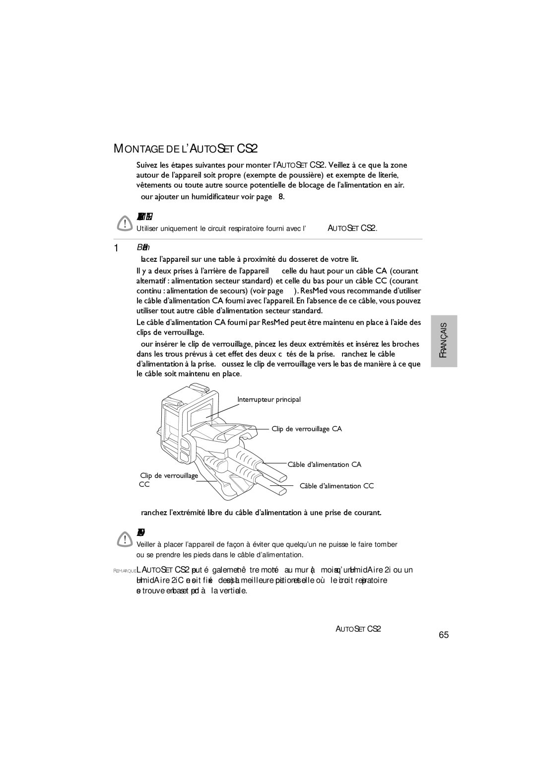 ResMed AutoSet CS 2 user manual Avertissement, Montage DE L’AUTOSET CS2 