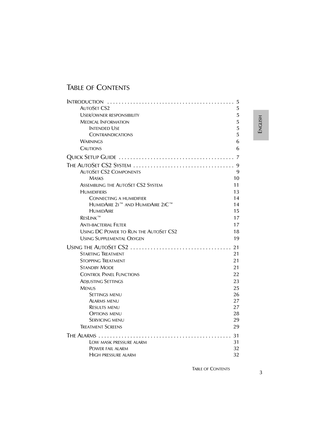 ResMed AutoSet CS 2 user manual Table of Contents 