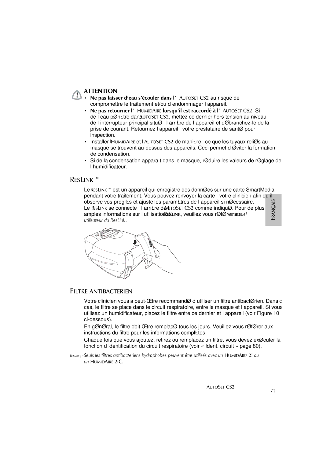 ResMed AutoSet CS 2 user manual Reslink, Filtre Antibacterien 