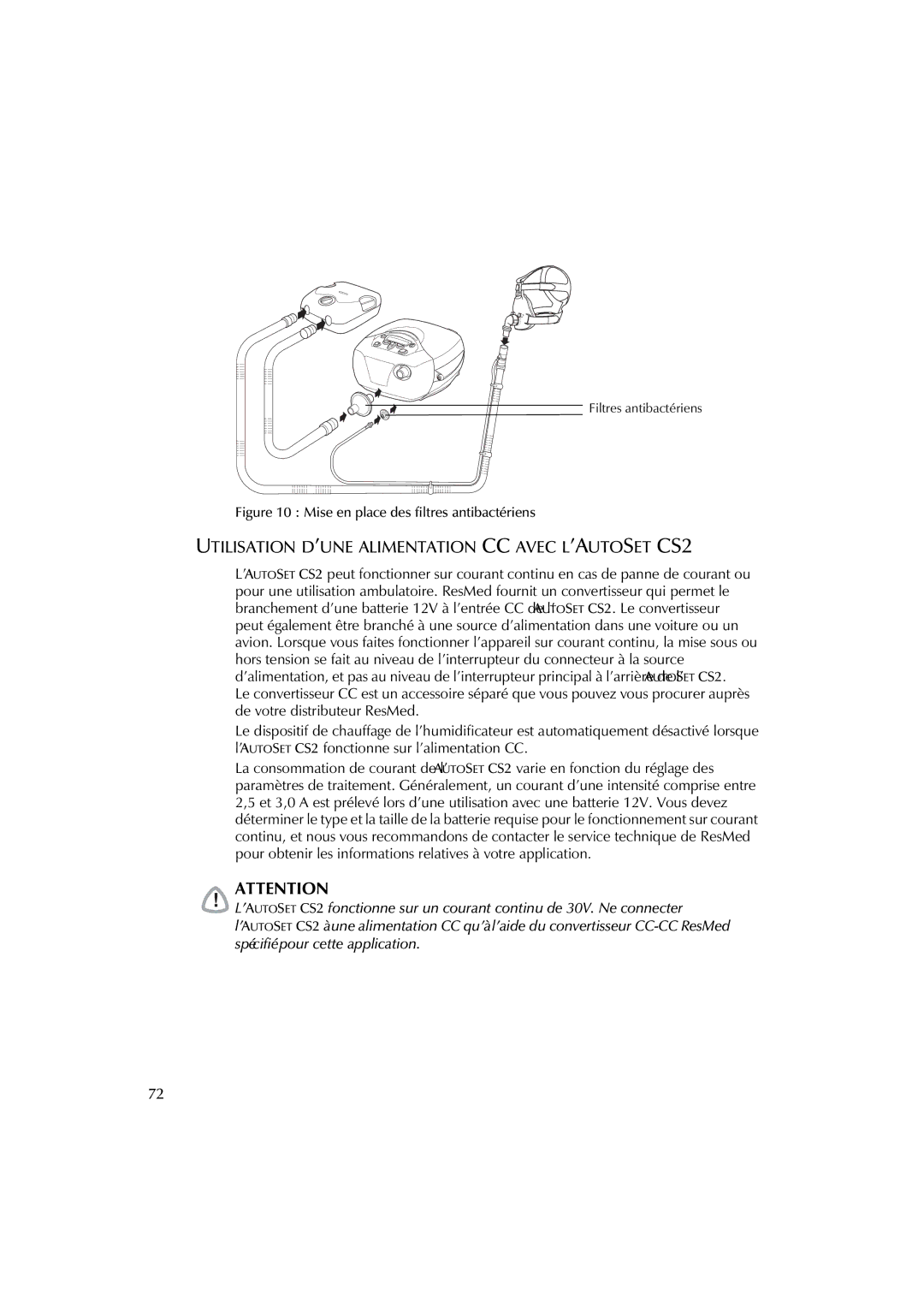 ResMed AutoSet CS 2 Utilisation D’UNE Alimentation CC Avec L’AUTOSET CS2, Mise en place des filtres antibactériens 