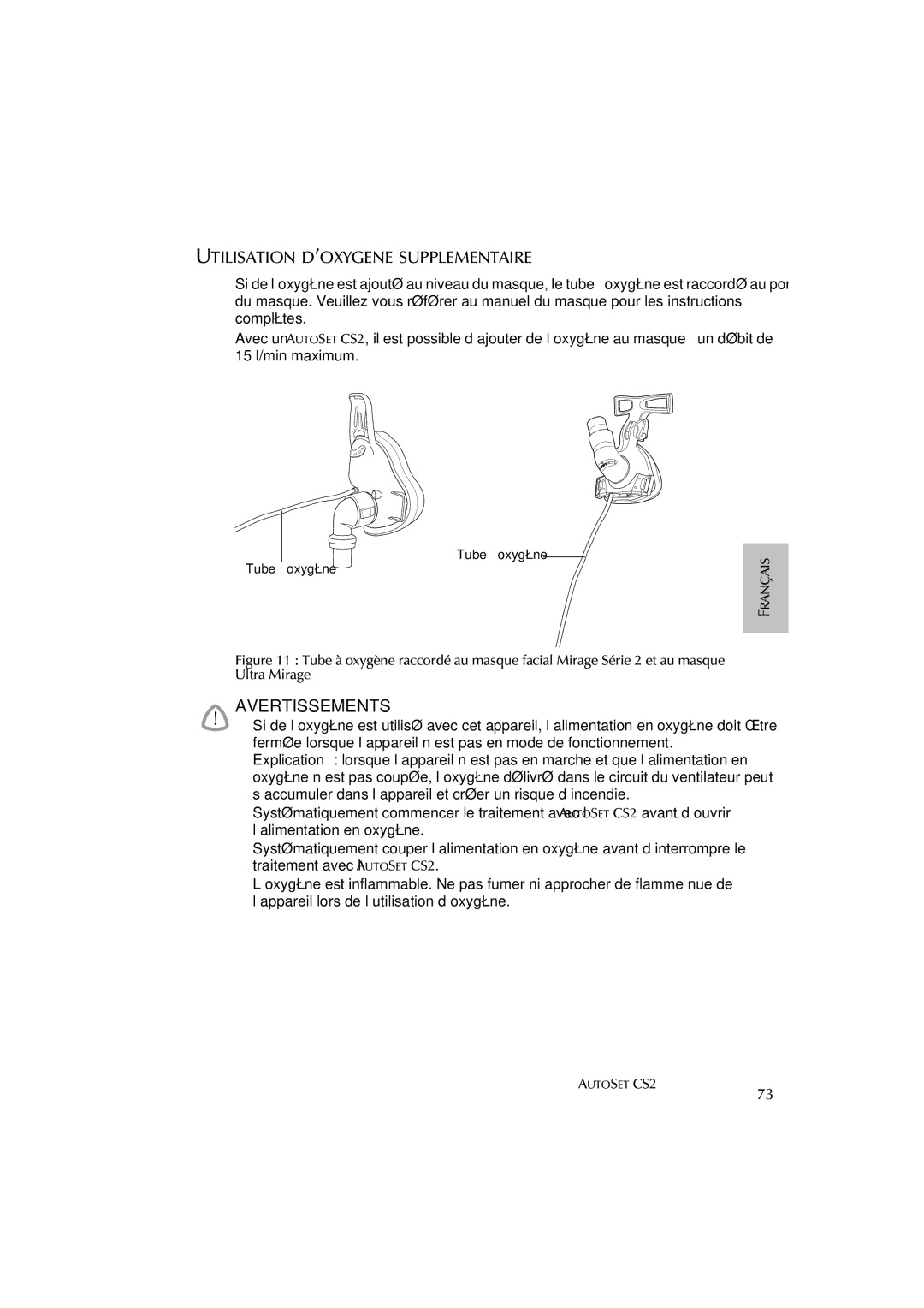 ResMed AutoSet CS 2 user manual Avertissements, Utilisation D’OXYGENE Supplementaire 