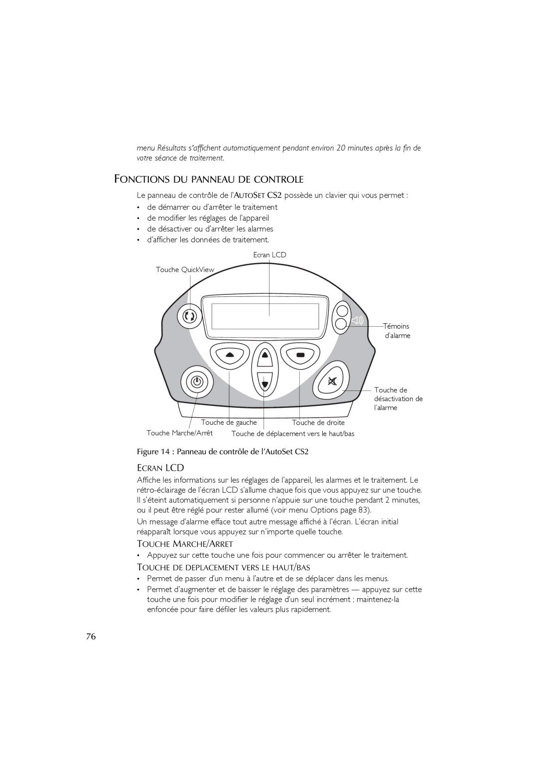 ResMed AutoSet CS 2 user manual Fonctions DU Panneau DE Controle, Ecran LCD, Touche MARCHE/ARRET 