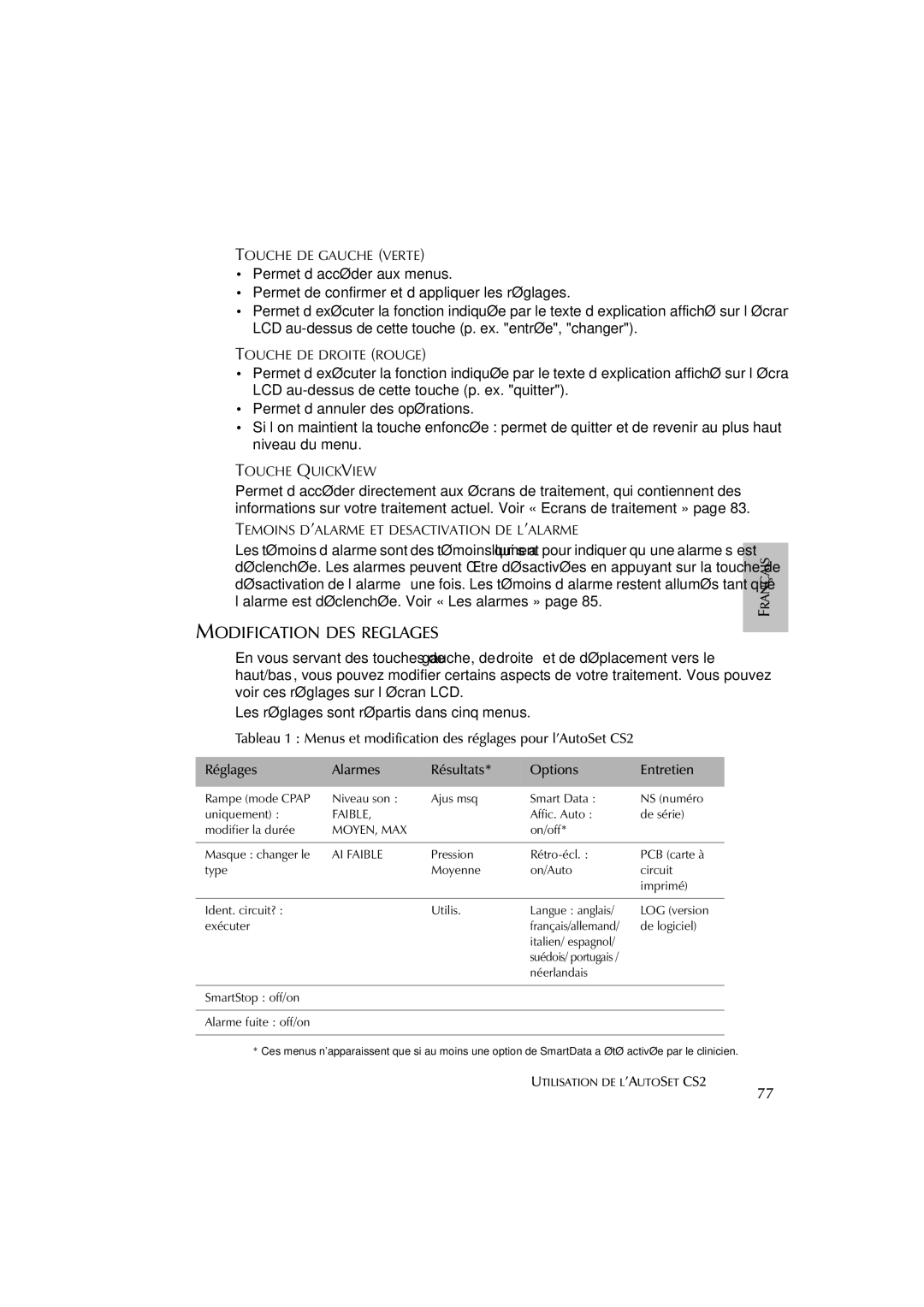 ResMed AutoSet CS 2 user manual Modification DES Reglages, Touche DE Gauche Verte, Touche DE Droite Rouge, Touche Quickview 