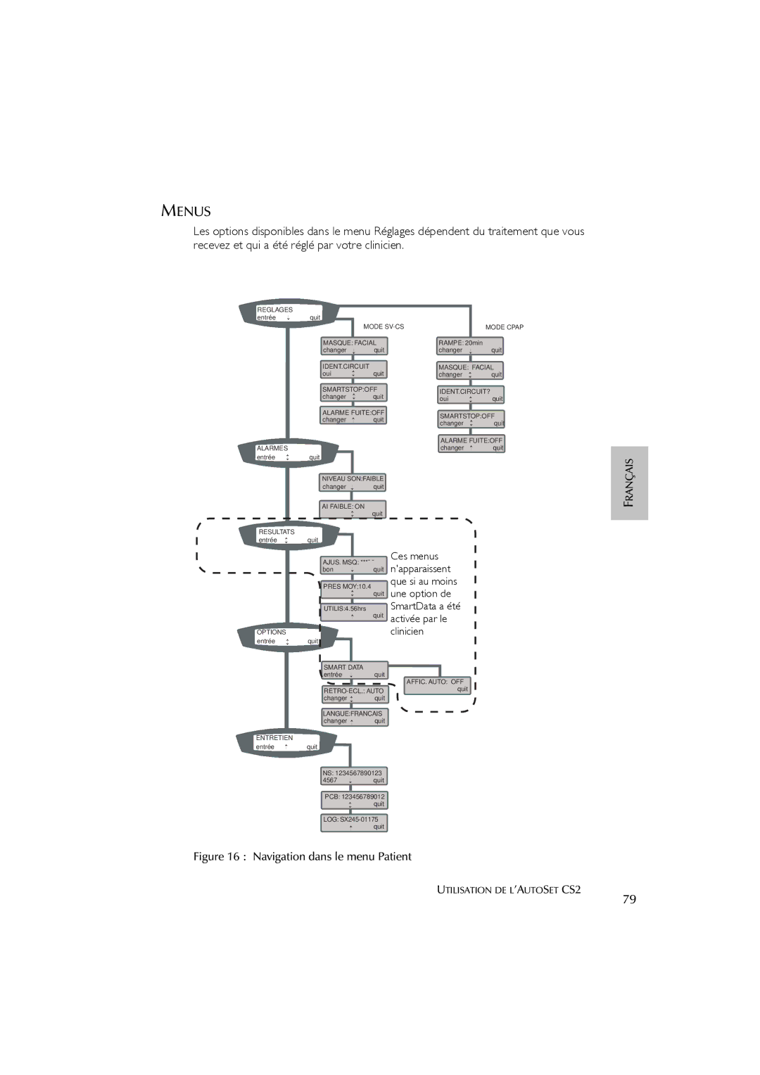 ResMed AutoSet CS 2 user manual Navigation dans le menu Patient 