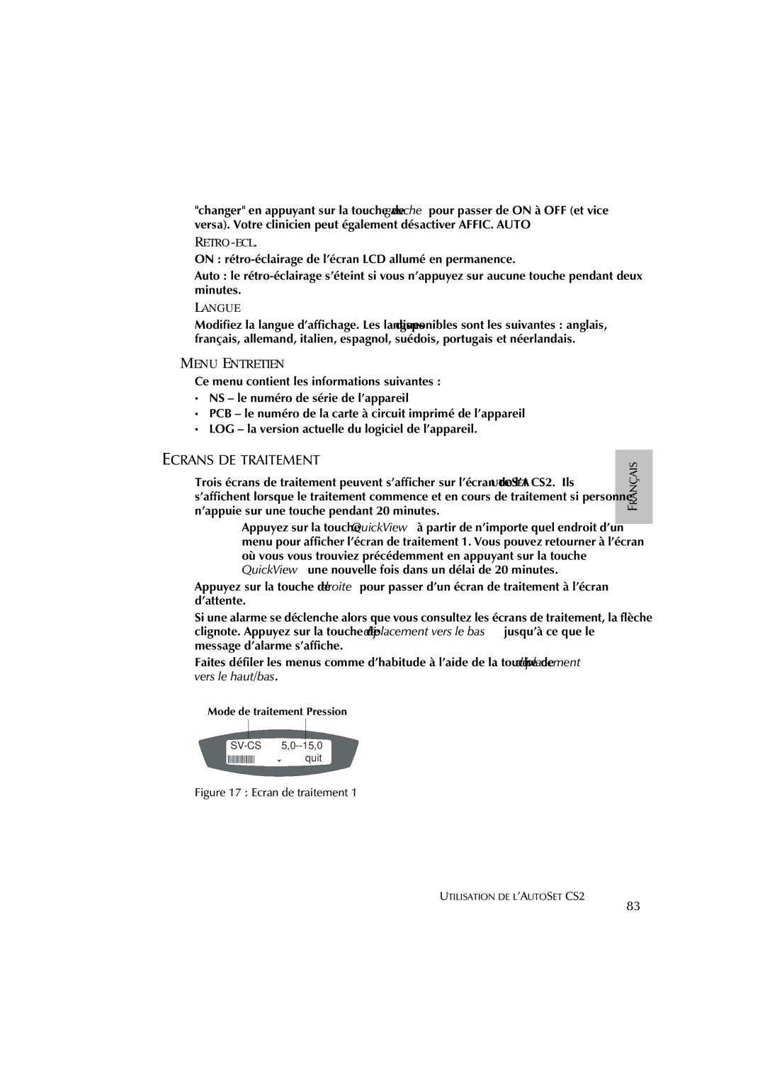 ResMed AutoSet CS 2 user manual Ecrans DE Traitement, Retro-Ecl, Langue 