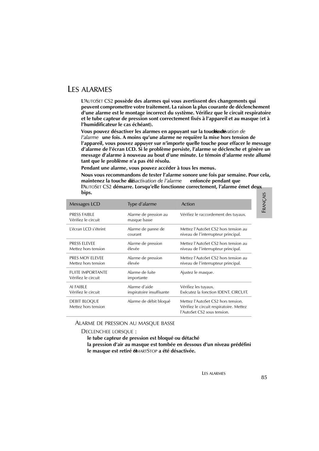 ResMed AutoSet CS 2 user manual LES Alarmes, Declenchee Lorsque 