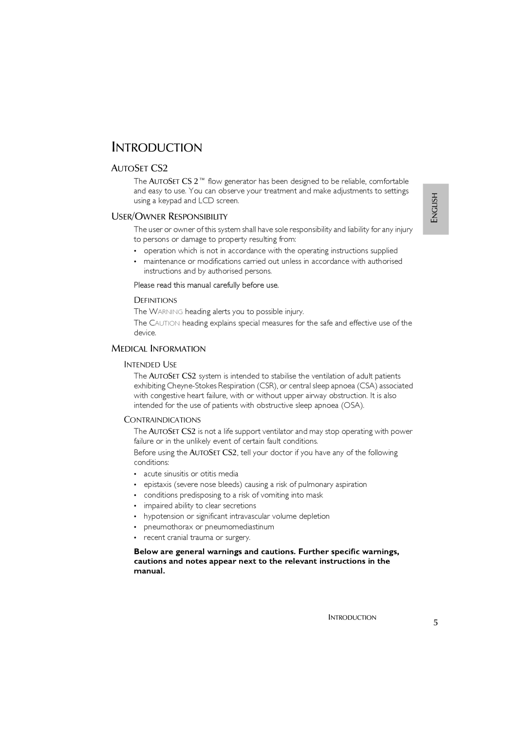 ResMed AutoSet CS 2 user manual Introduction, Autoset CS2, USER/OWNER Responsibility, Medical Information 