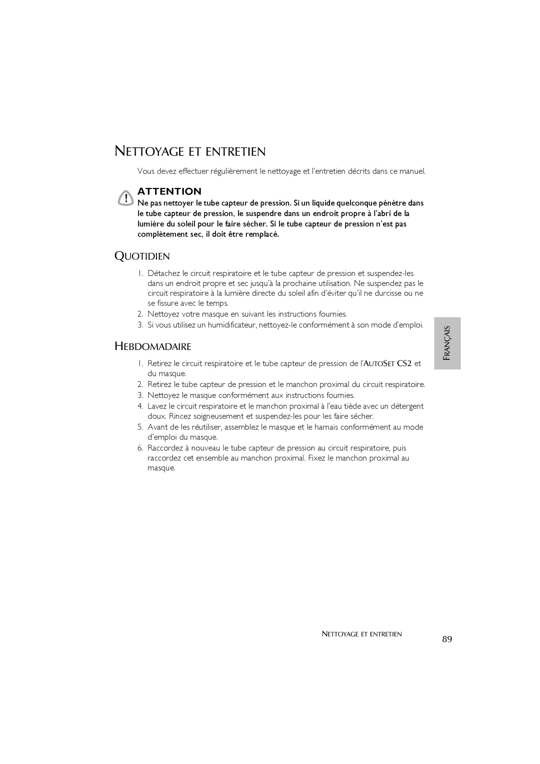 ResMed AutoSet CS 2 user manual Nettoyage ET Entretien, Quotidien, Hebdomadaire 