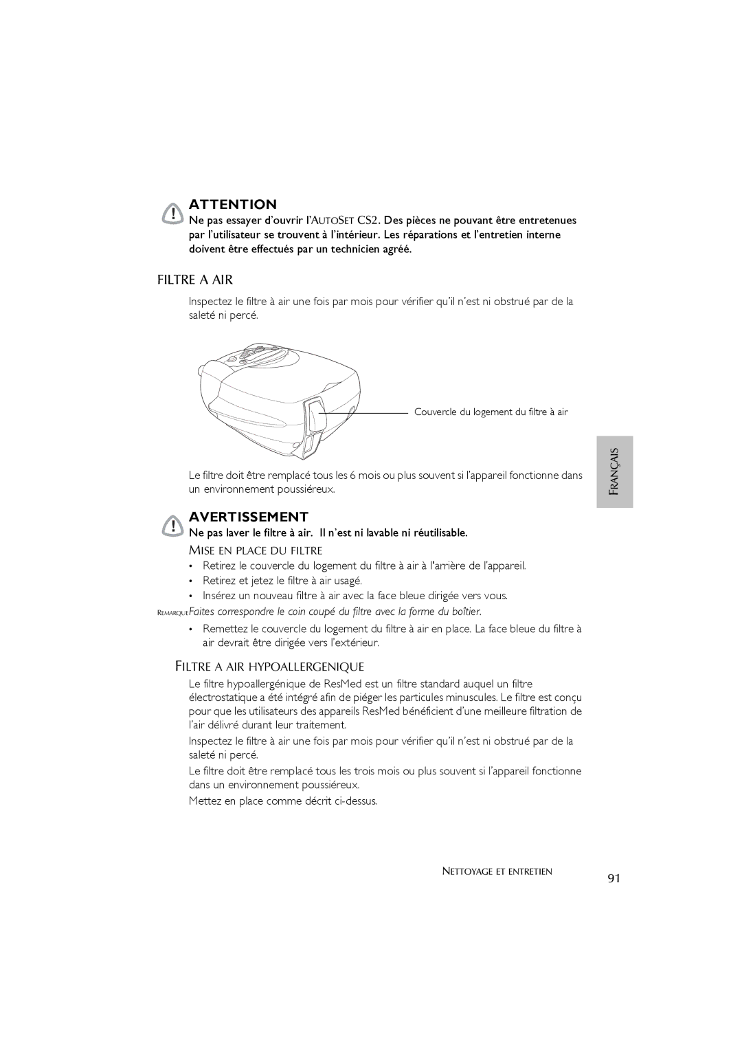 ResMed AutoSet CS 2 user manual Filtre a AIR, Mise EN Place DU Filtre 