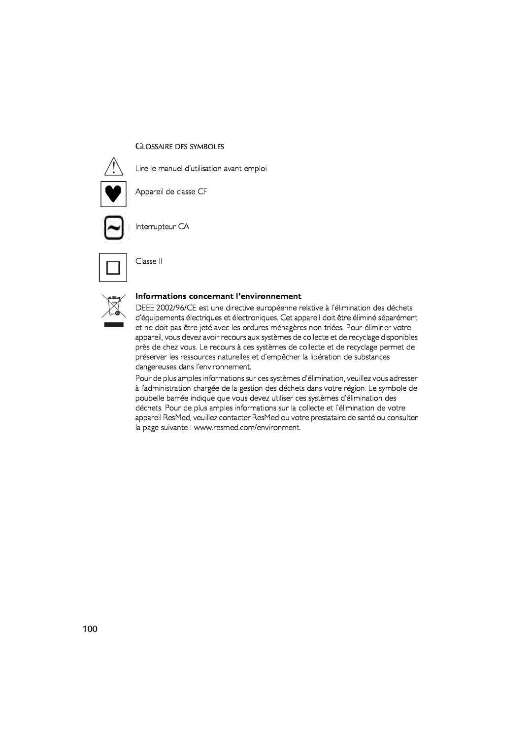 ResMed AutoSet CS 2 user manual Lire le manuel d’utilisation avant emploi Appareil de classe CF, Interrupteur CA Classe 