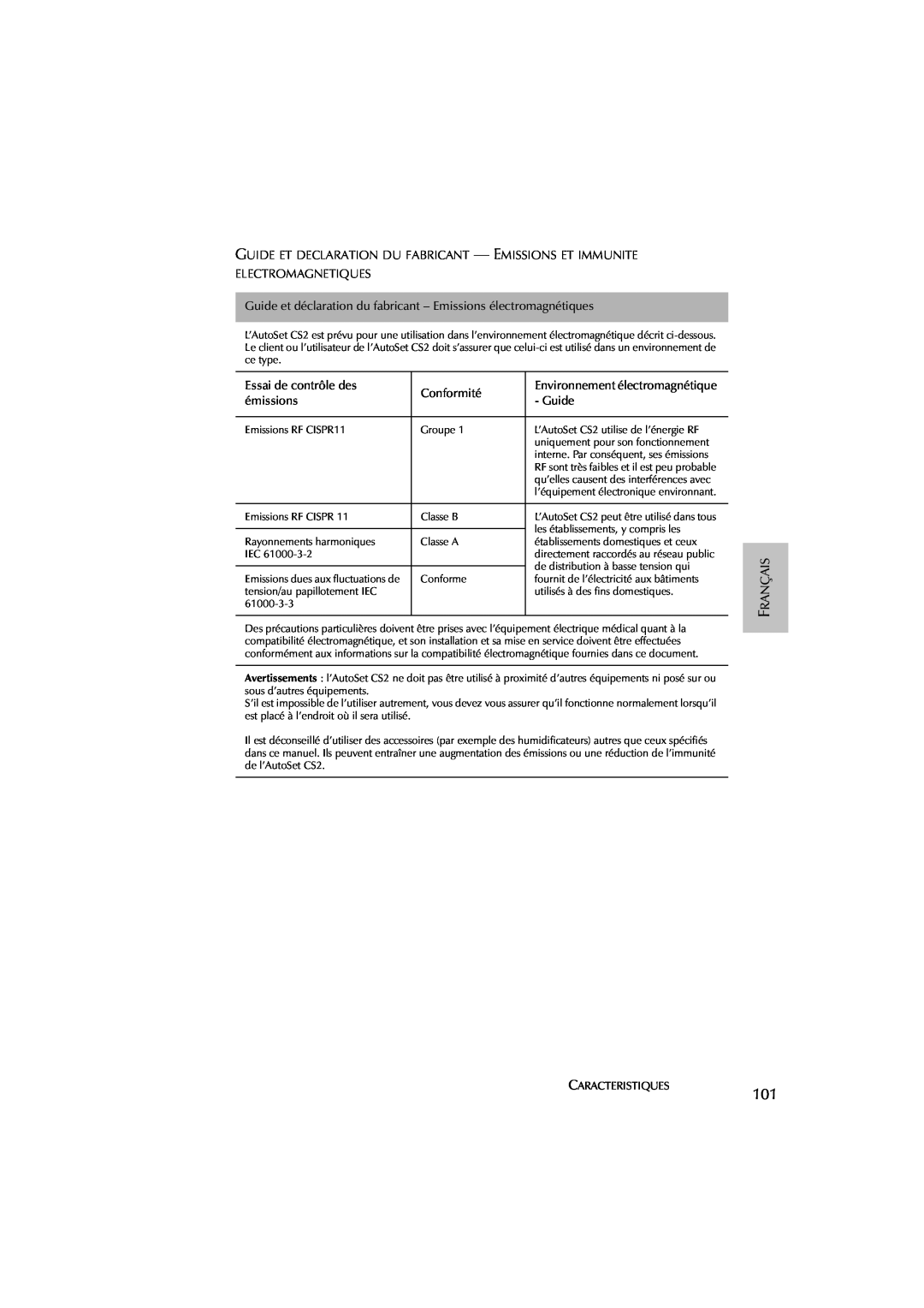 ResMed AutoSet CS 2 Guide et déclaration du fabricant - Emissions électromagnétiques, Essai de contrôle des, Conformité 