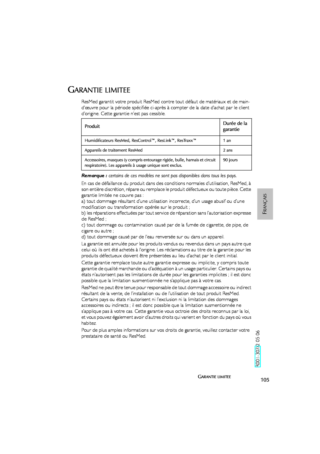 ResMed AutoSet CS 2 user manual Garantie Limitee, Produit, Durée de la, garantie 