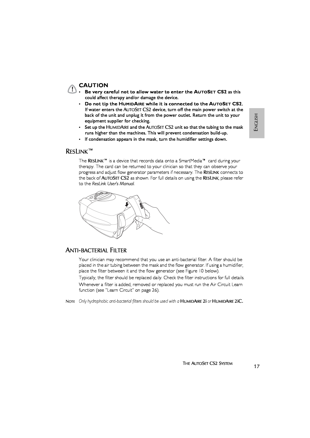 ResMed AutoSet CS 2 user manual Reslink, Anti-Bacterial Filter 