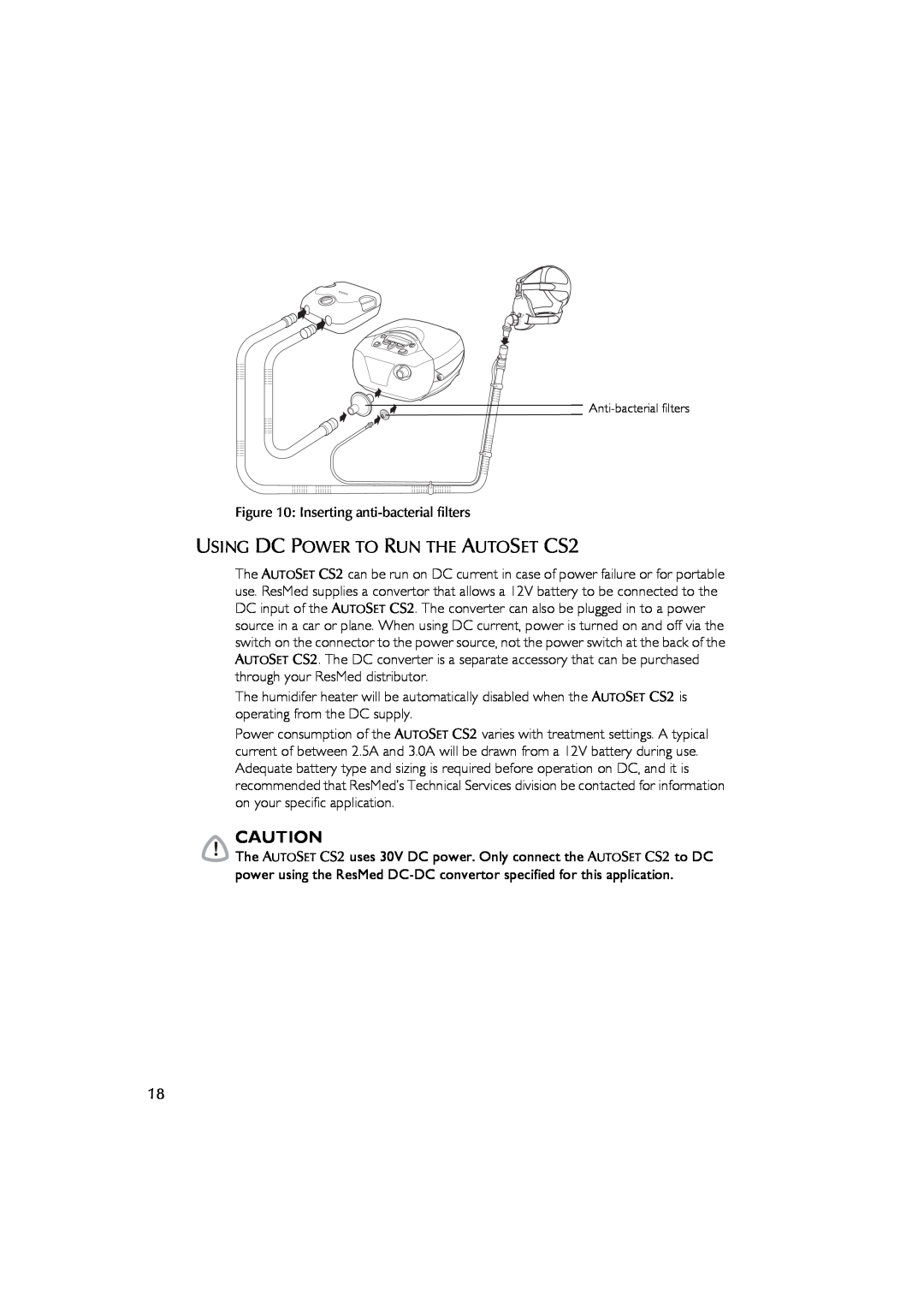 ResMed AutoSet CS 2 user manual USING DC POWER TO RUN THE AUTOSET CS2, Inserting anti-bacterial filters 