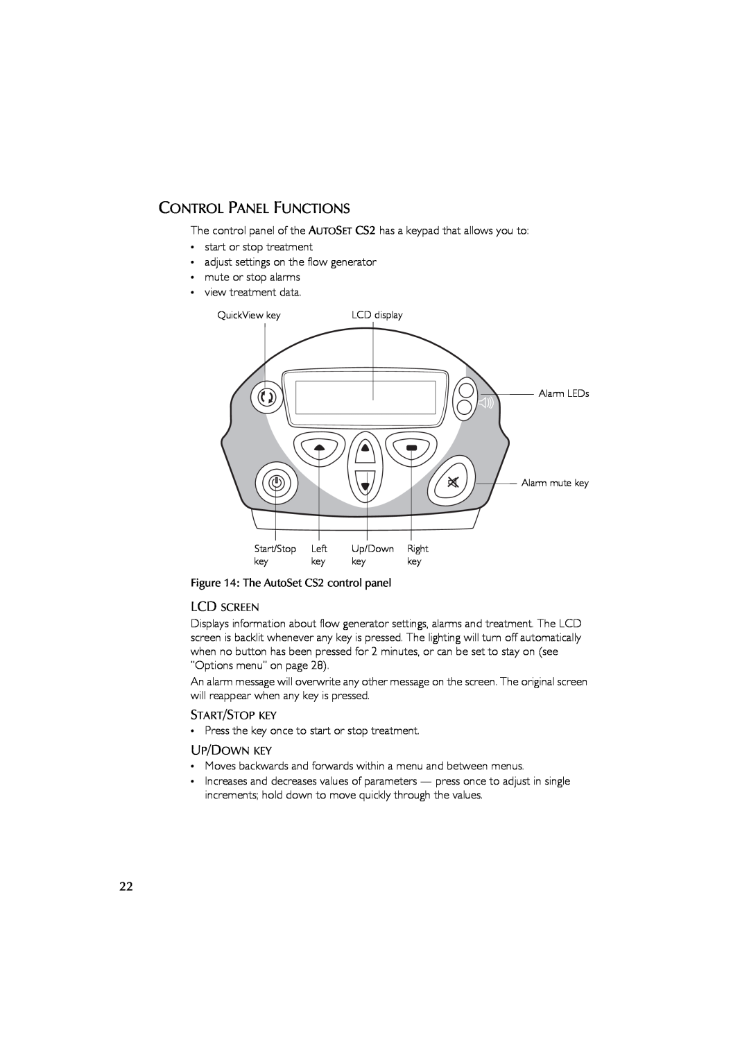 ResMed AutoSet CS 2 user manual Control Panel Functions 