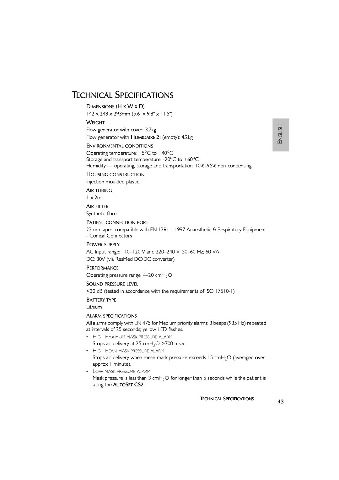 ResMed AutoSet CS 2 user manual Technical Specifications 