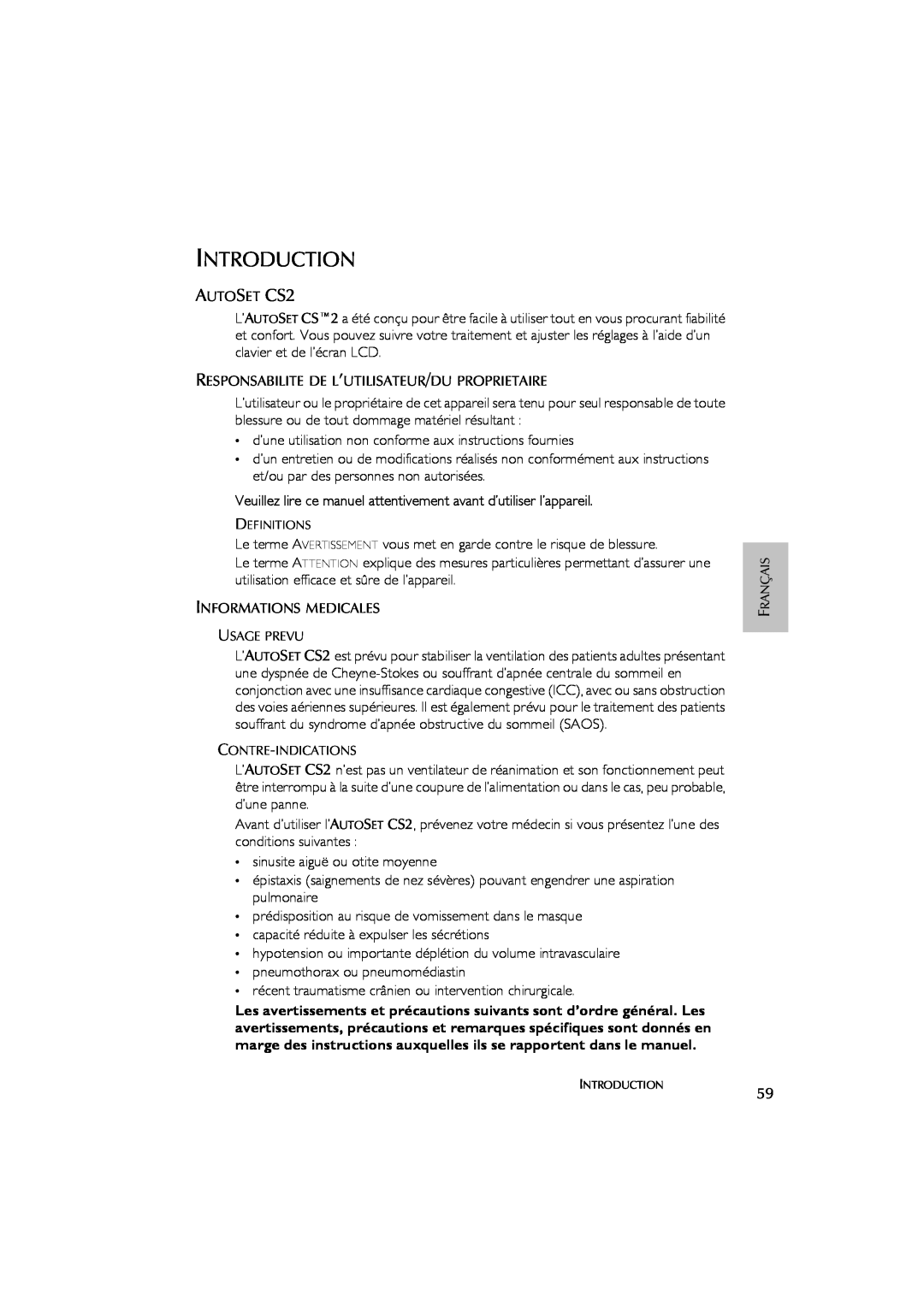 ResMed AutoSet CS 2 user manual Introduction, Veuillez lire ce manuel attentivement avant d’utiliser l’appareil 