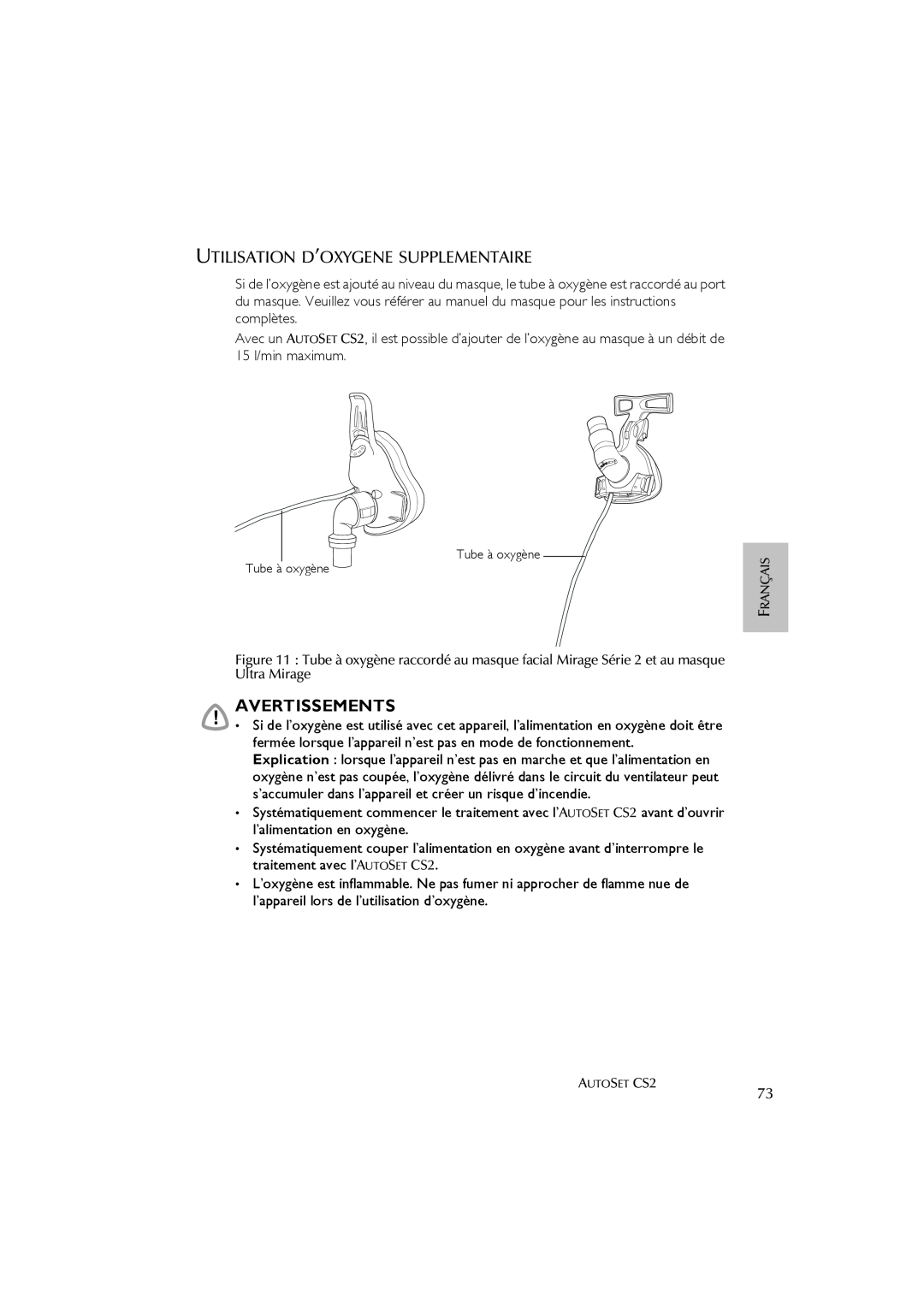 ResMed AutoSet CS 2 user manual Avertissements, Utilisation D’Oxygene Supplementaire 