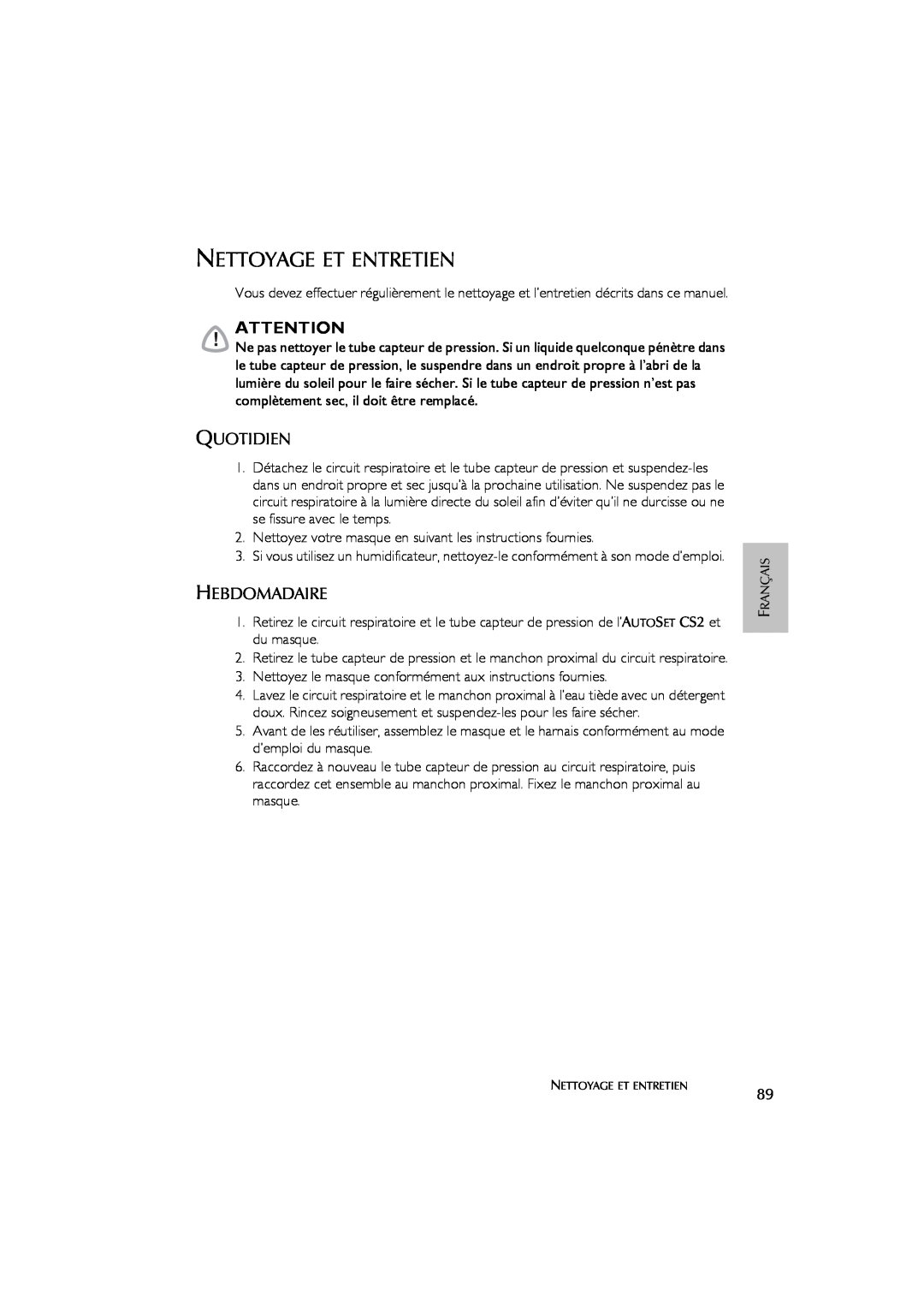 ResMed AutoSet CS 2 user manual Nettoyage Et Entretien, Quotidien, Hebdomadaire 