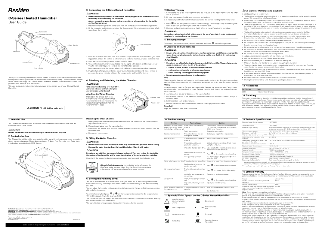 ResMed technical specifications Connecting the C-Series Heated Humidifier, Stopping Therapy, Cleaning and Maintenance 