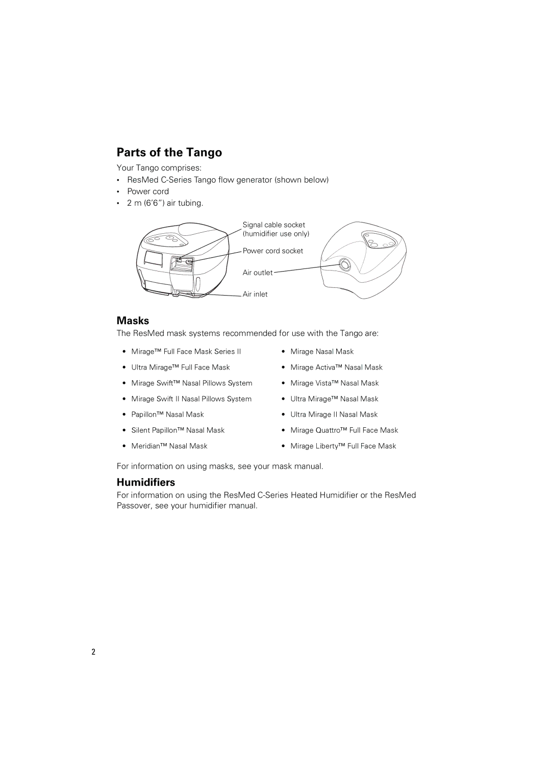 ResMed C-Series manual Parts of the Tango, Masks 