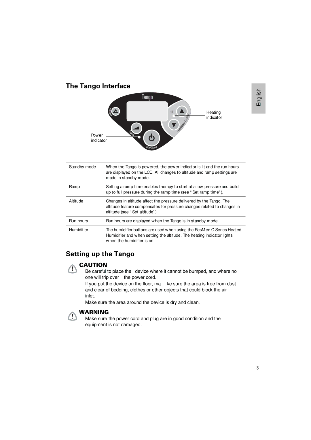 ResMed C-Series manual Tango Interface, Setting up the Tango 