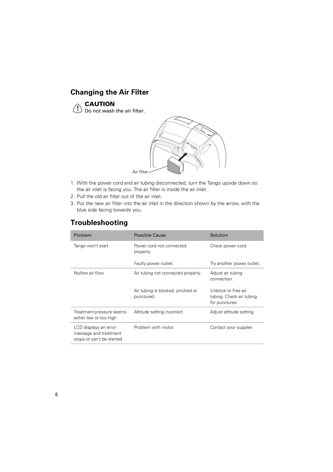 ResMed C-Series manual Changing the Air Filter, Troubleshooting 