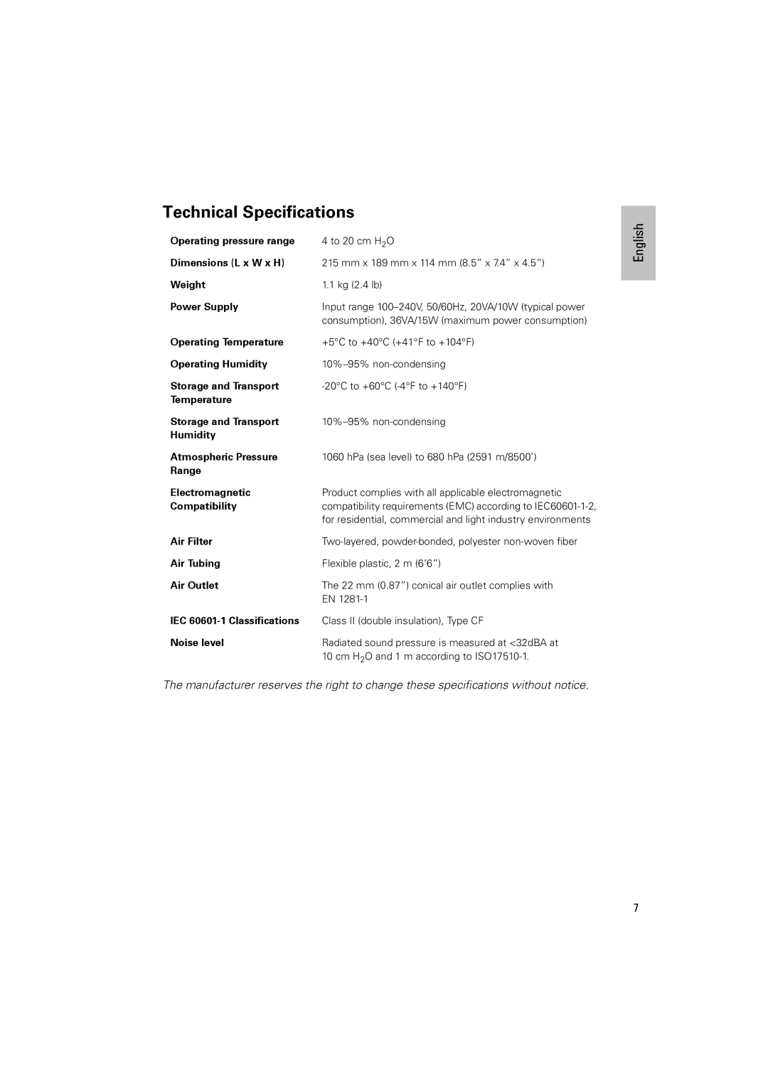 ResMed C-Series manual Technical Specifications, Power Supply 