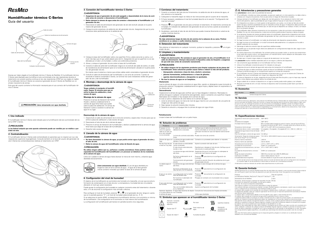 ResMed technical specifications Humidificador térmico C-Series, Guía del usuario 