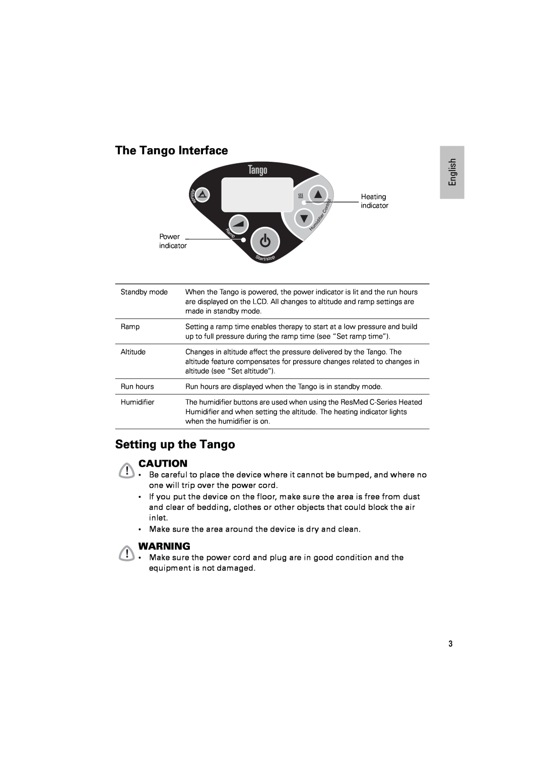 ResMed C-Series manual The Tango Interface, Setting up the Tango, English 