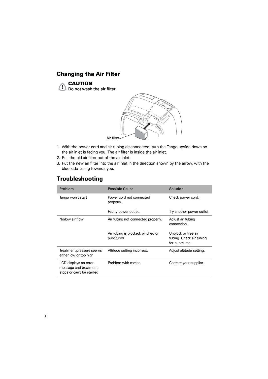 ResMed C-Series manual Changing the Air Filter, Troubleshooting 