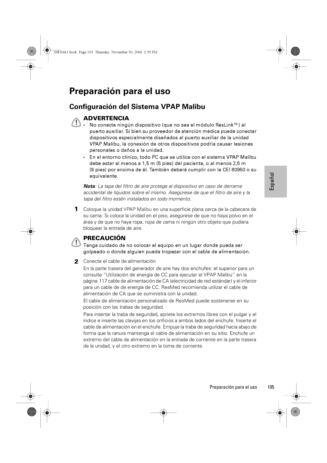 ResMed C16389 dimensions Preparación para el uso, Configuración del Sistema Vpap Malibu 