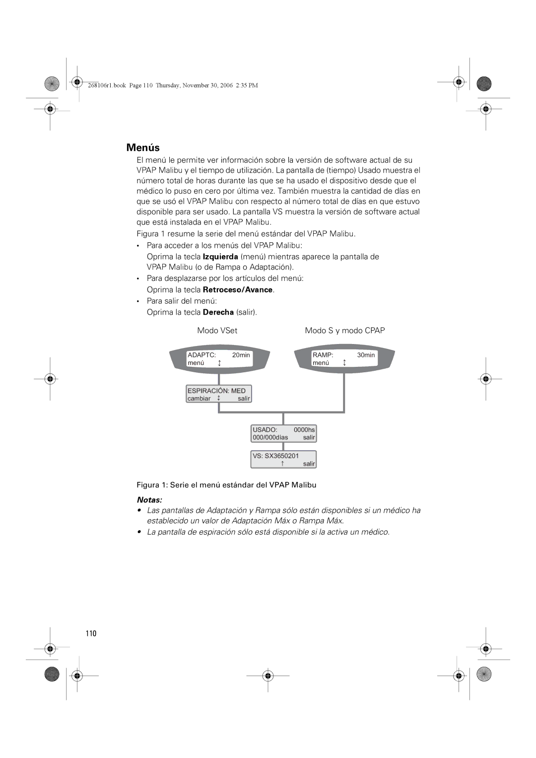 ResMed C16389 dimensions Menús, 110 