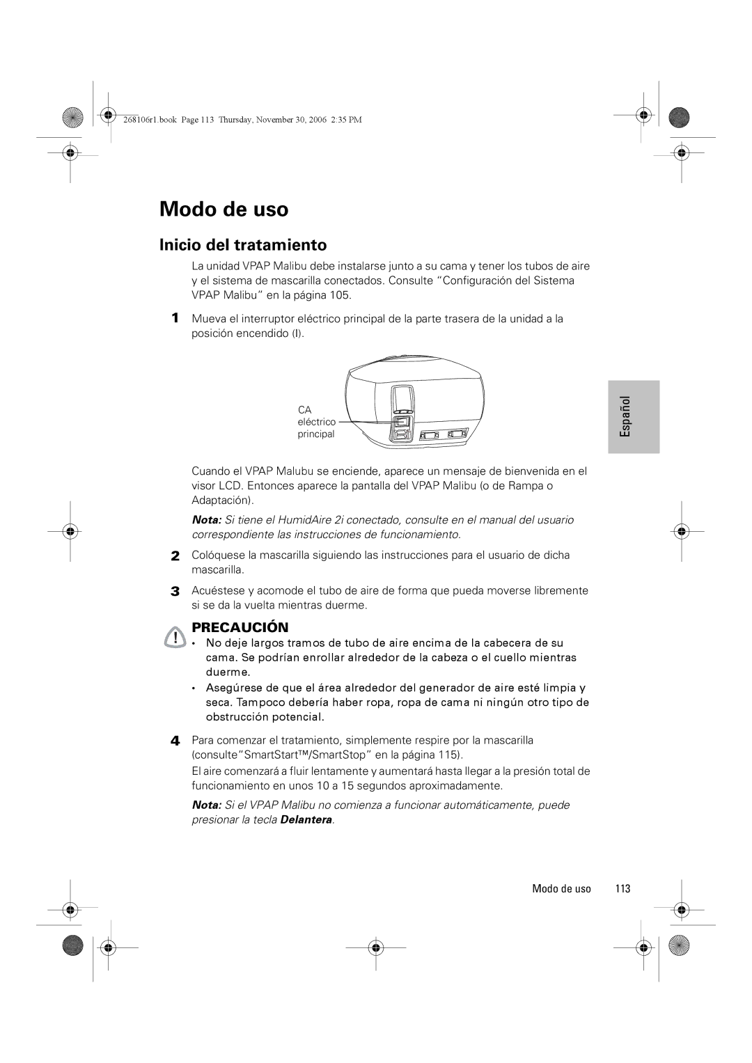 ResMed C16389 dimensions Modo de uso, Inicio del tratamiento, Adaptación, 113 